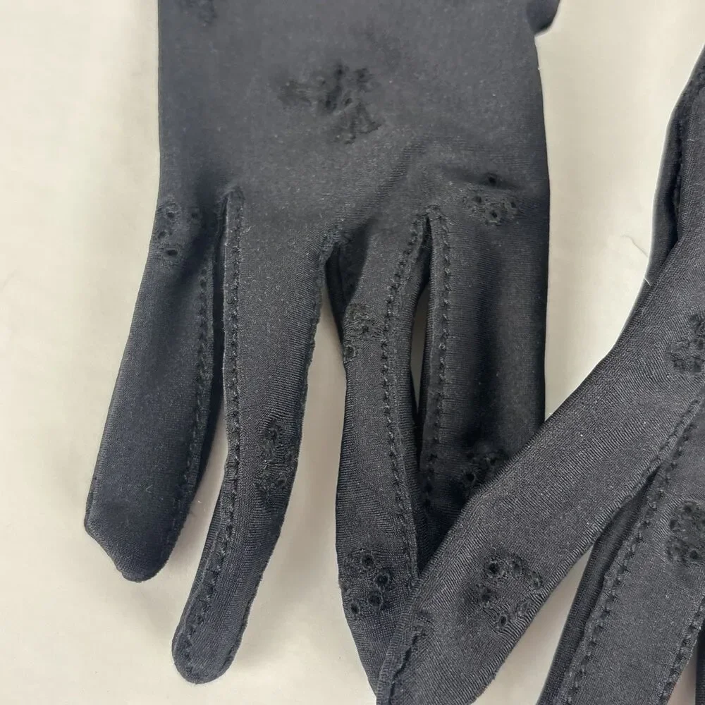 VTG Aris Isotoner Fancy Gloves Black Broderie Anglaise Embroidered One Size